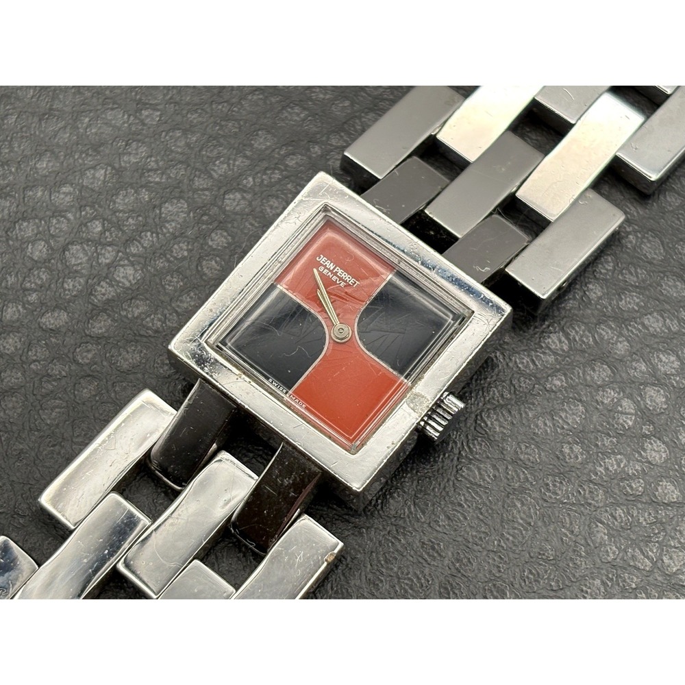 Jean Pierret Geneve Stainless Steel Square Watch Red Black Dial READ